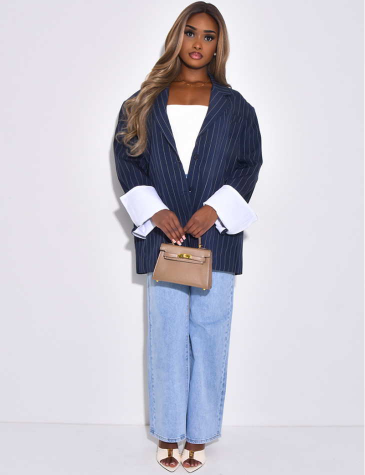 Veste de blazer à rayures & manches à revers contrastants