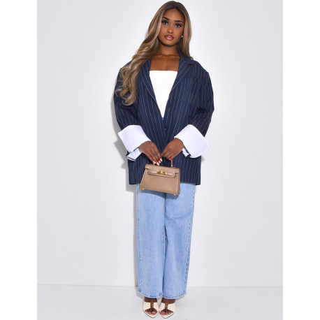 Veste de blazer à rayures & manches à revers contrastants