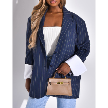 Veste de blazer à rayures & manches à revers contrastants