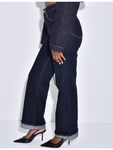 Jeans coupe droite bleu foncé à revers aux chevilles