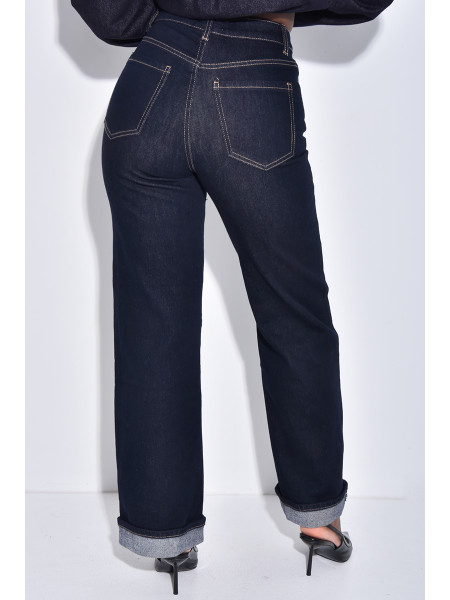Jeans coupe droite bleu foncé à revers aux chevilles