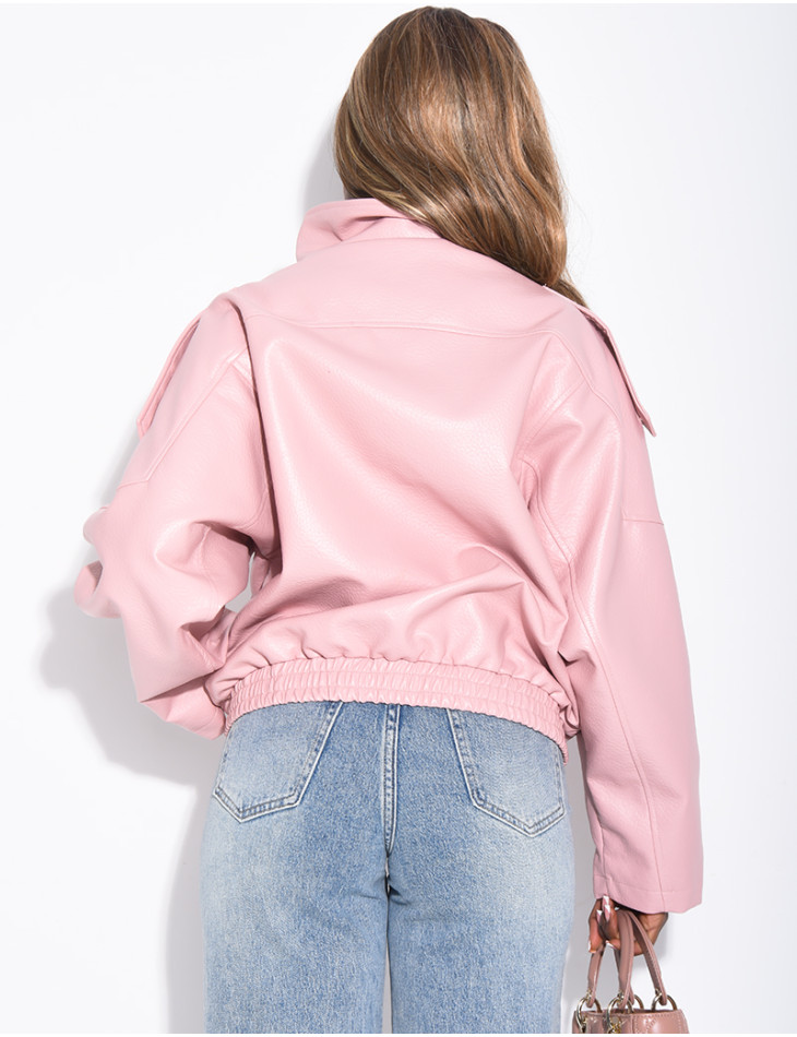 Veste oversize en similicuir grainé & col montant