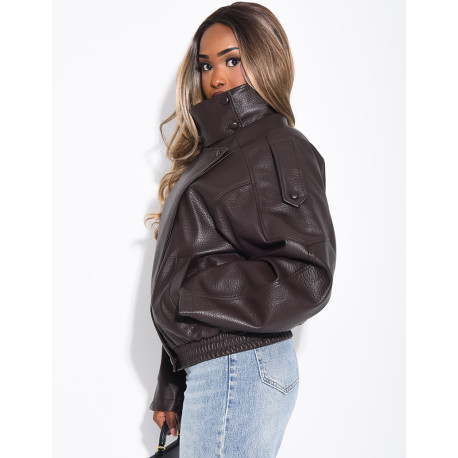 Veste oversize en similicuir grainé & col montant