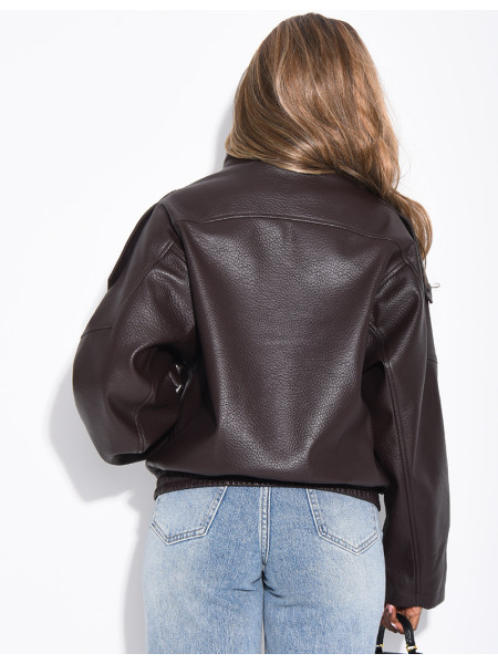 Veste oversize en similicuir grainé & col montant