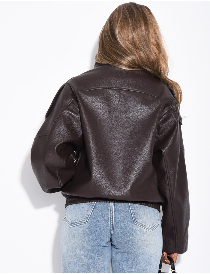 Veste oversize en similicuir grainé & col montant