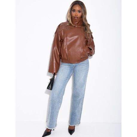 Veste oversize en similicuir grainé & col montant