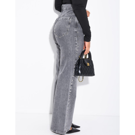 Jeans coupe droite délavé à clous sur les bordures