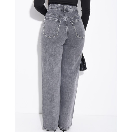 Jeans coupe droite délavé à clous sur les bordures