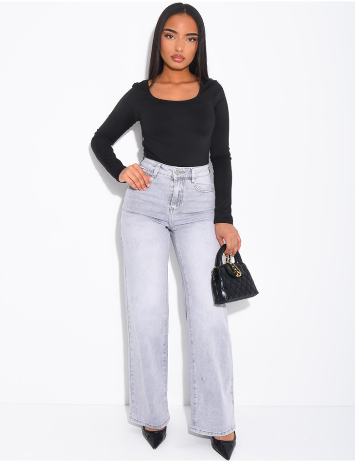 Jeans coupe droite taille haute délavé