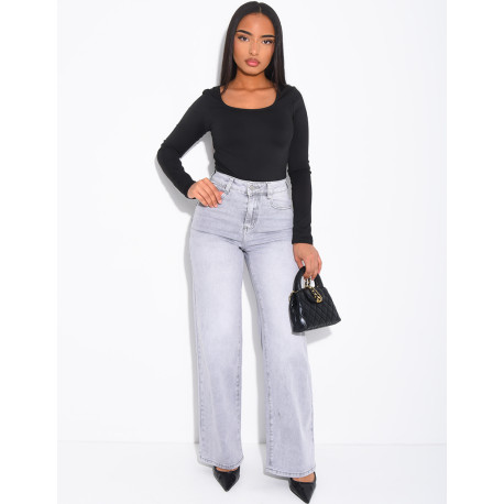 Jeans coupe droite taille haute délavé