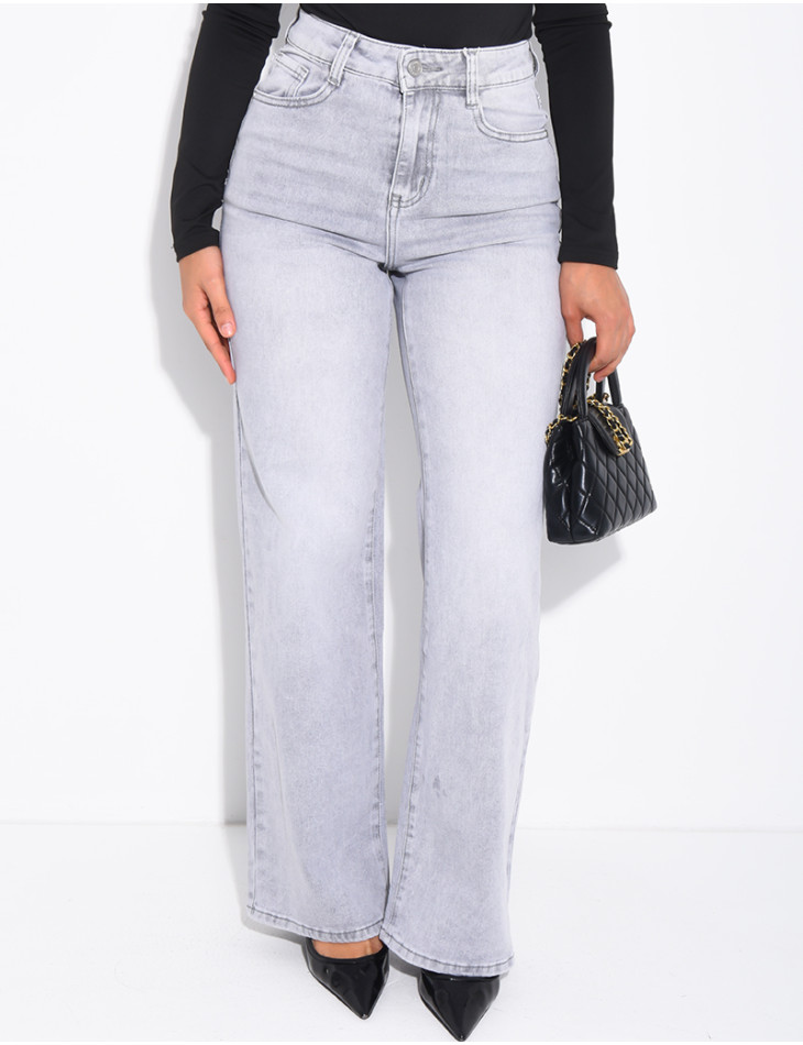 Jeans coupe droite taille haute délavé