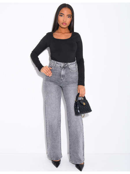 Jeans coupe droite taille haute gris délavé