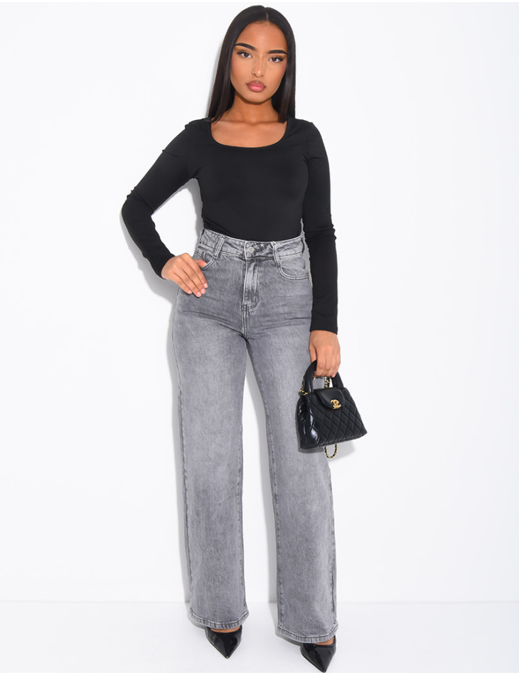 Jeans coupe droite taille haute gris délavé