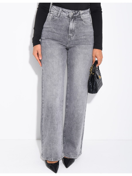 Jeans coupe droite taille haute gris délavé