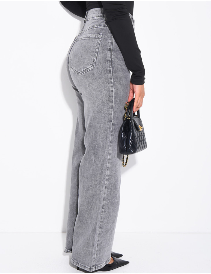 Jeans coupe droite taille haute gris délavé