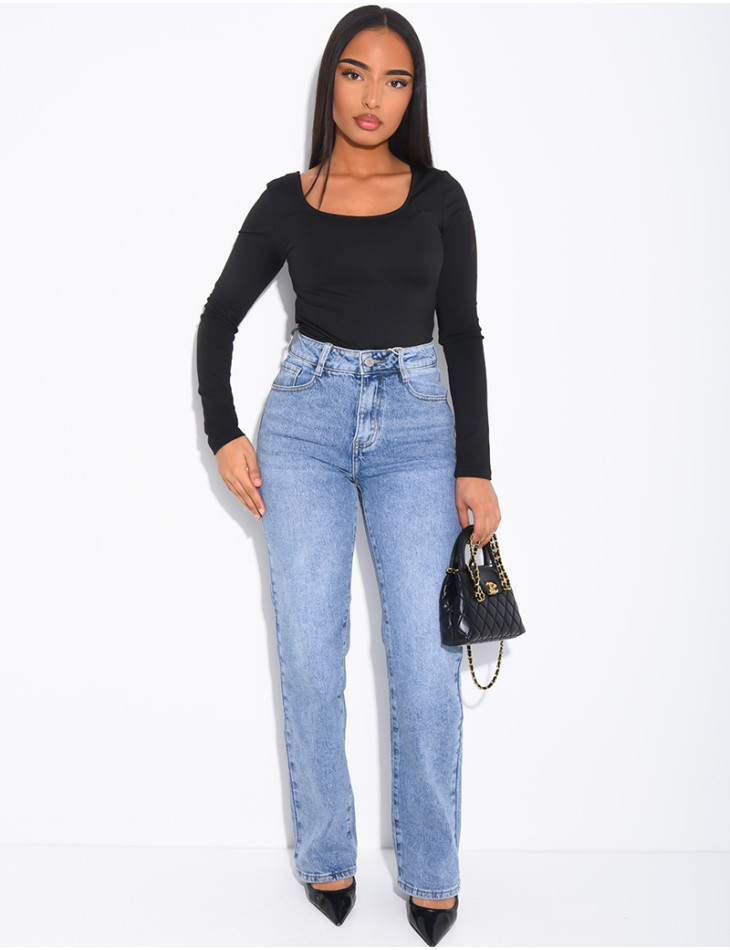 Jeans coupe droite taille haute en tissu stretch