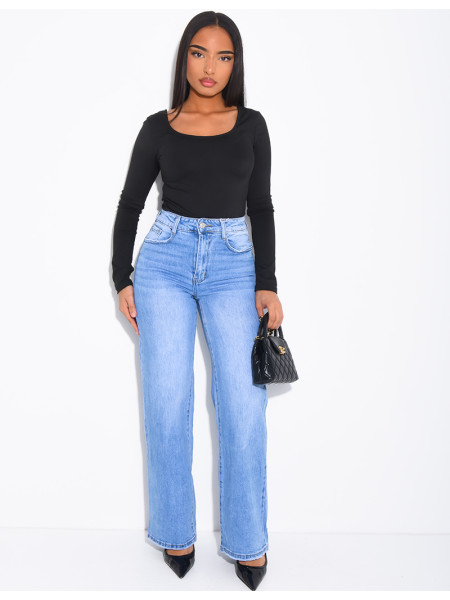 Jeans coupe droite stretch bleu délavé