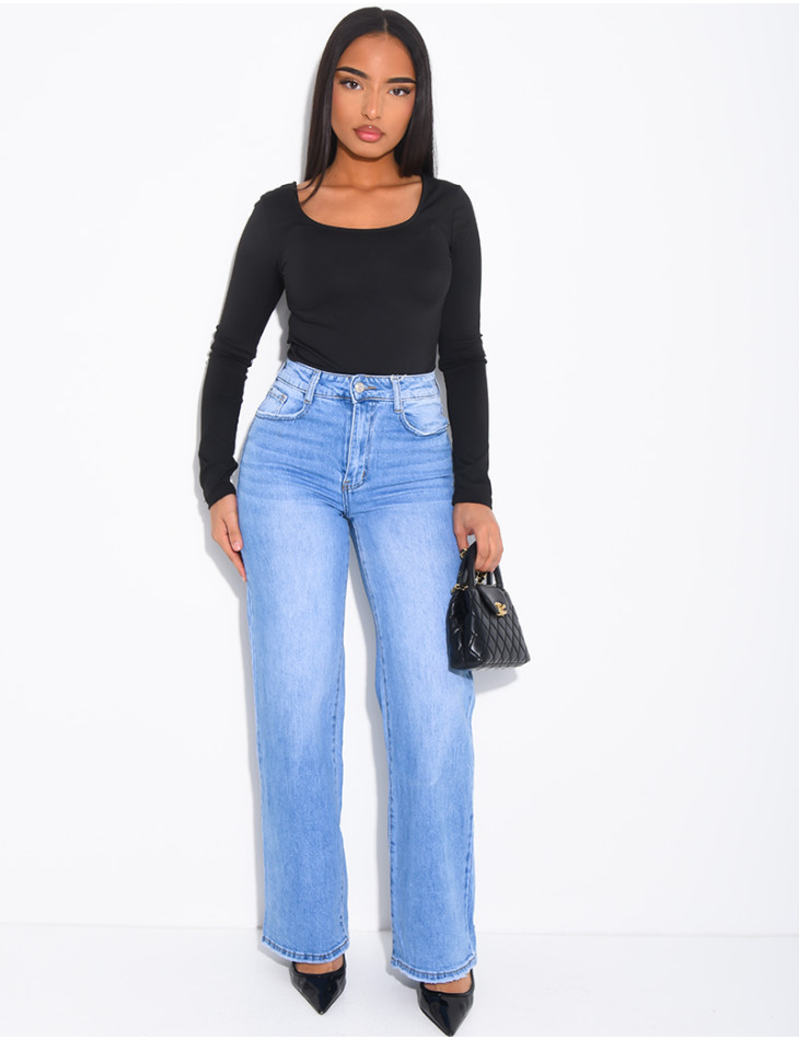 Jeans coupe droite stretch bleu délavé
