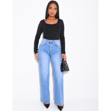 Jeans coupe droite stretch bleu délavé