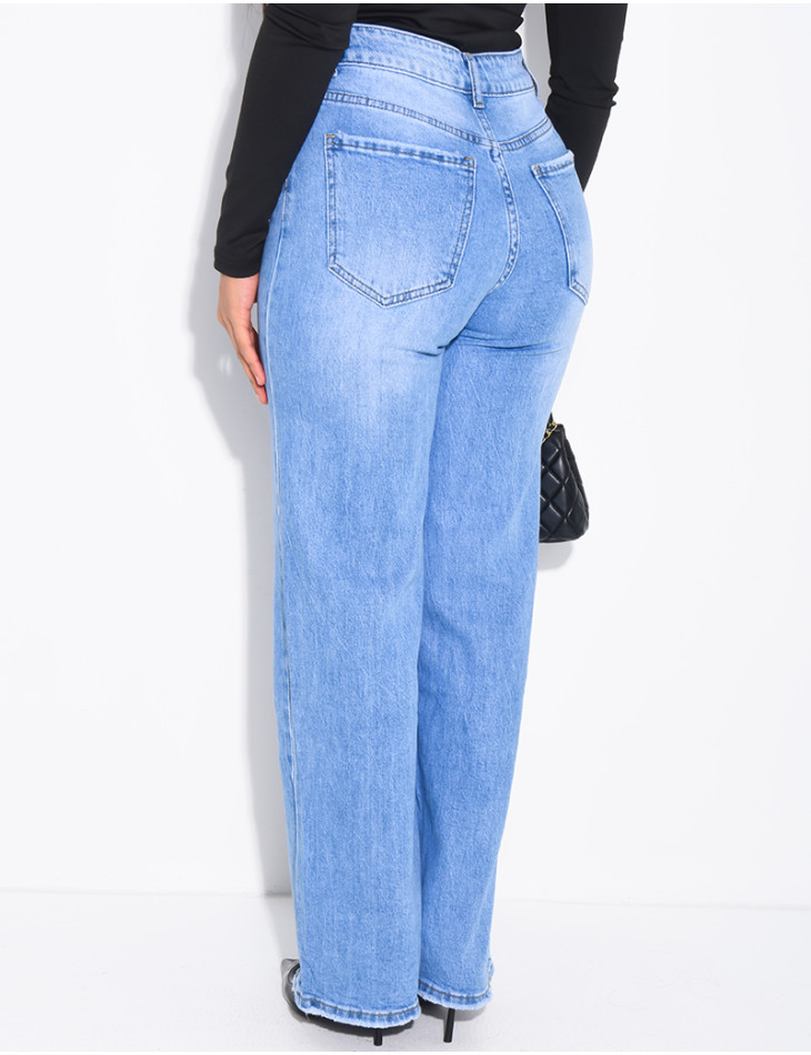 Jeans coupe droite stretch bleu délavé