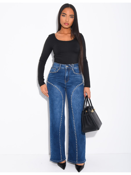 Jeans coupe droite à clous et coutures contrastantes