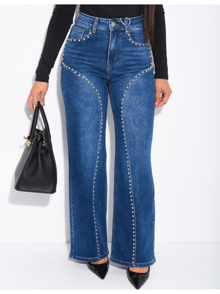 Jeans coupe droite à clous et coutures contrastantes