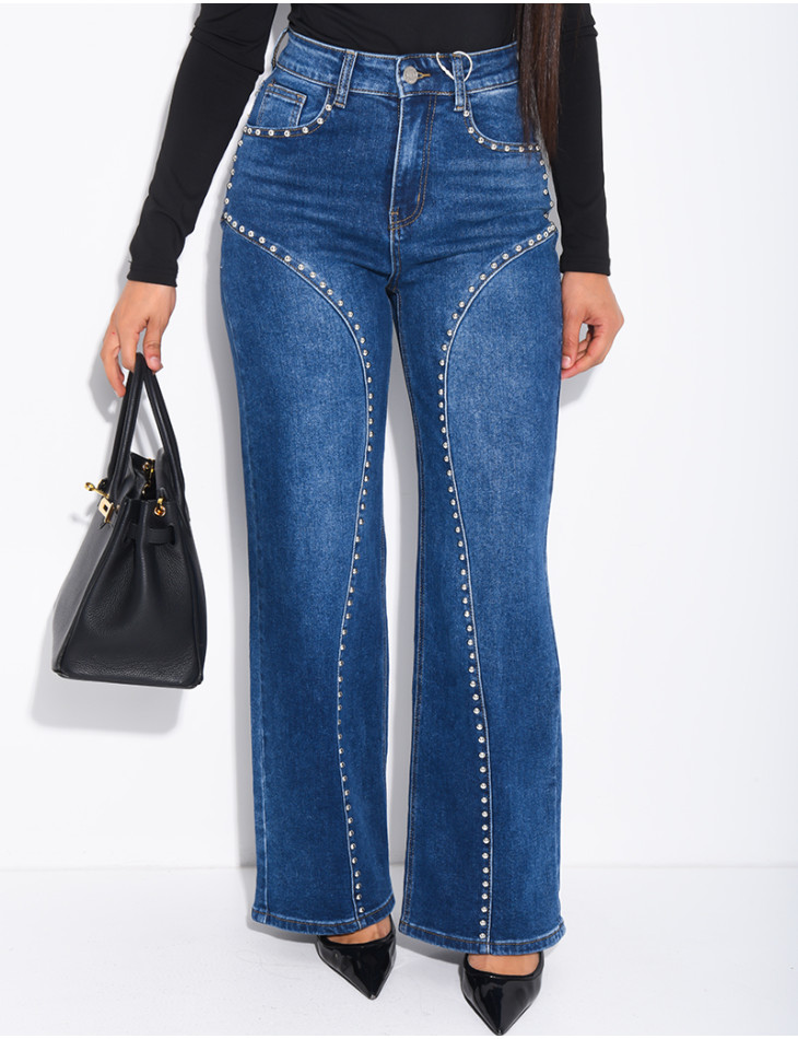 Jeans coupe droite à clous et coutures contrastantes