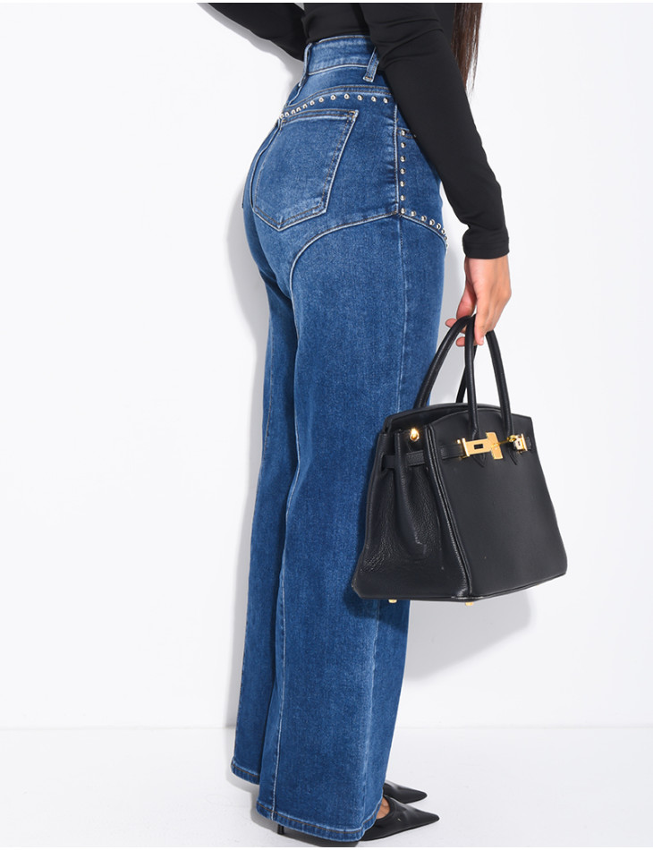 Jeans coupe droite à clous et coutures contrastantes
