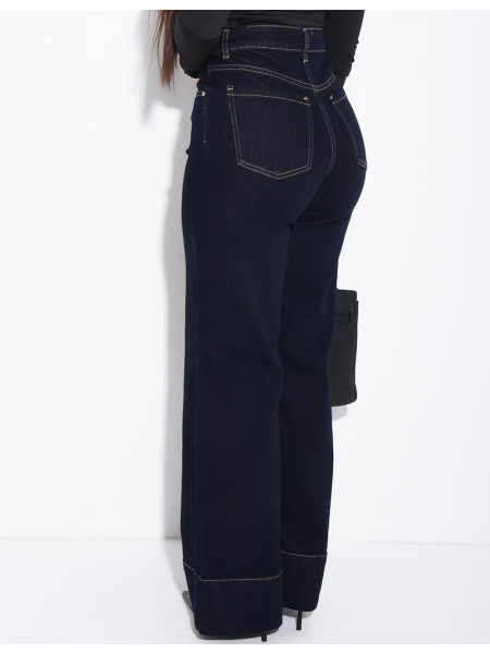 Jeans coupe droite bleu foncé à revers aux chevilles