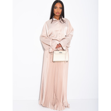 Satin-Set aus langem Faltenrock und Hemd zum Binden