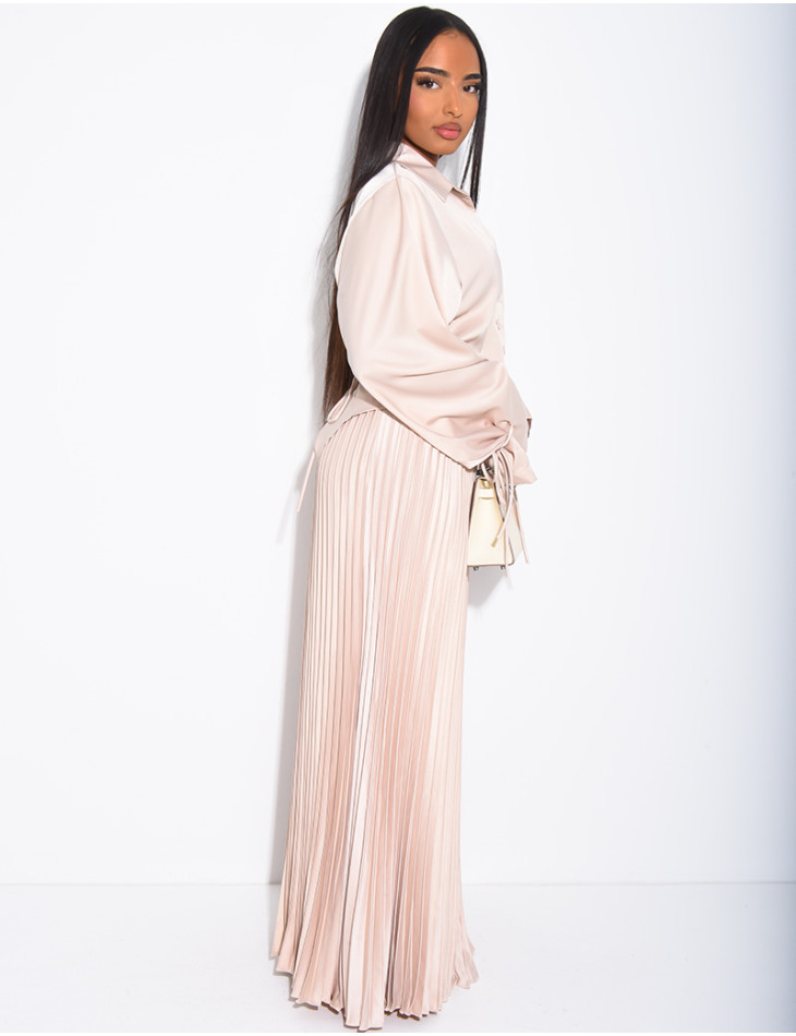 Satin-Set aus langem Faltenrock und Hemd zum Binden