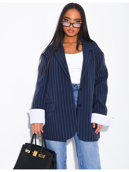 Veste de blazer à rayures & manches à revers contrastants