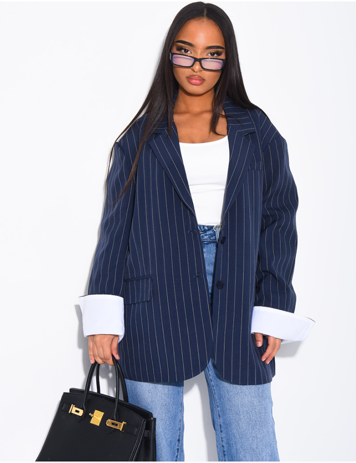 Veste de blazer à rayures & manches à revers contrastants