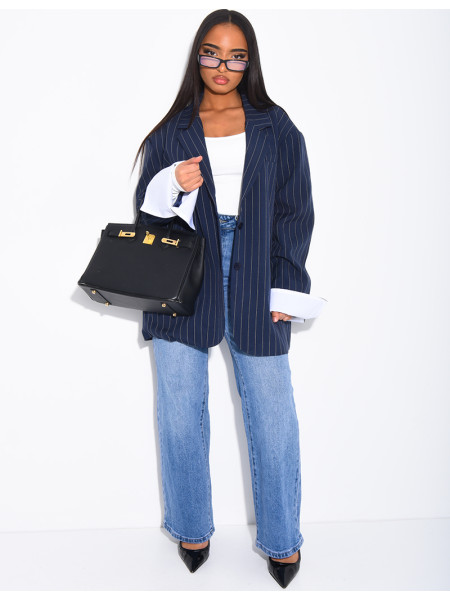 Veste de blazer à rayures & manches à revers contrastants