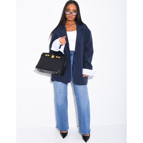 Veste de blazer à rayures & manches à revers contrastants