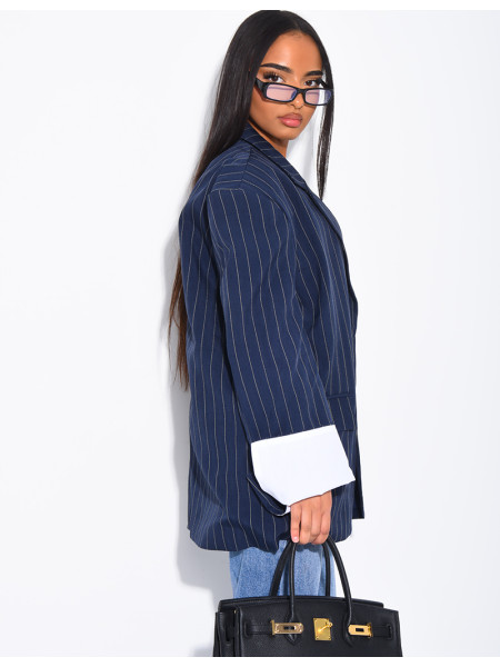 Veste de blazer à rayures & manches à revers contrastants
