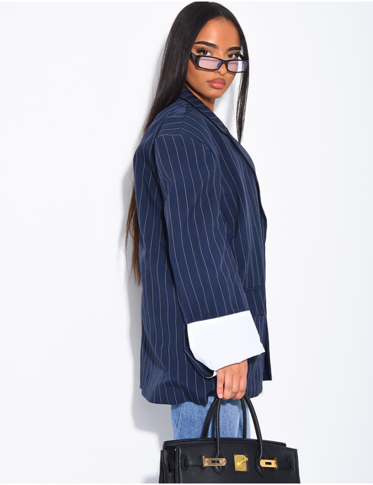 Veste de blazer à rayures & manches à revers contrastants