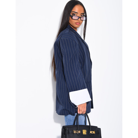 Veste de blazer à rayures & manches à revers contrastants