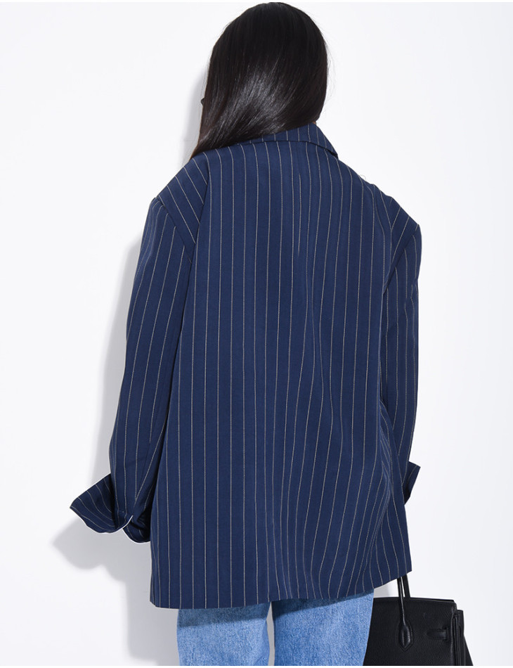 Veste de blazer à rayures & manches à revers contrastants