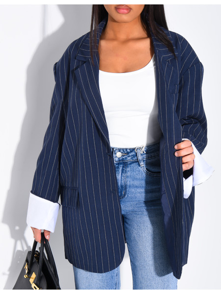 Veste de blazer à rayures & manches à revers contrastants