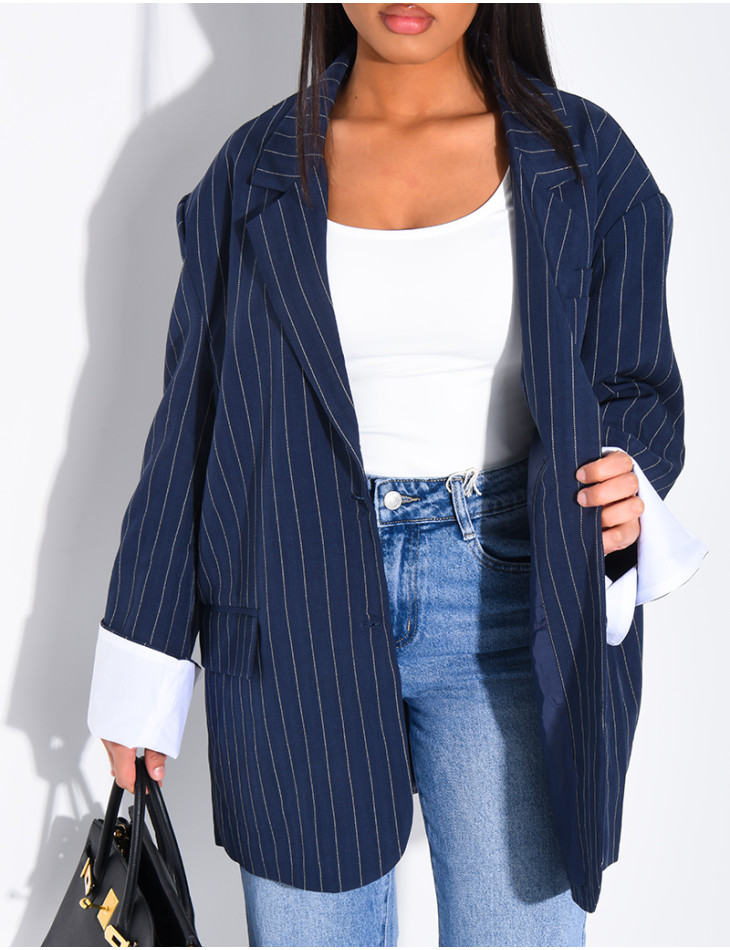 Veste de blazer à rayures & manches à revers contrastants