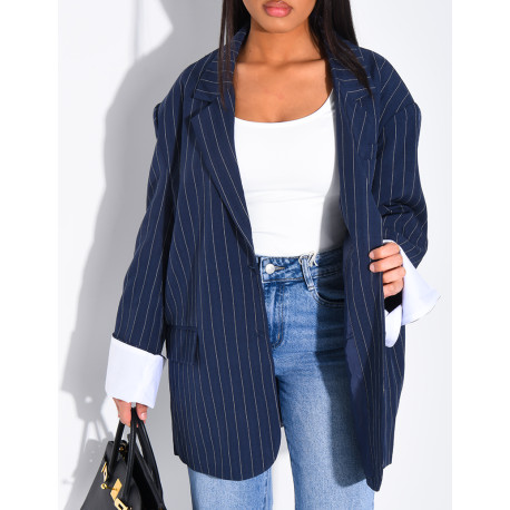 Veste de blazer à rayures & manches à revers contrastants