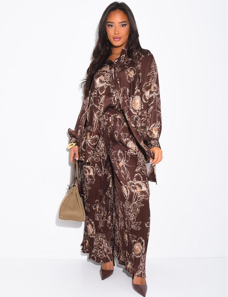 Set aus bedrucktem Satin mit Bindhemd und passender Hose