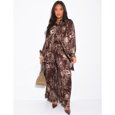 Set aus bedrucktem Satin mit Bindhemd und passender Hose