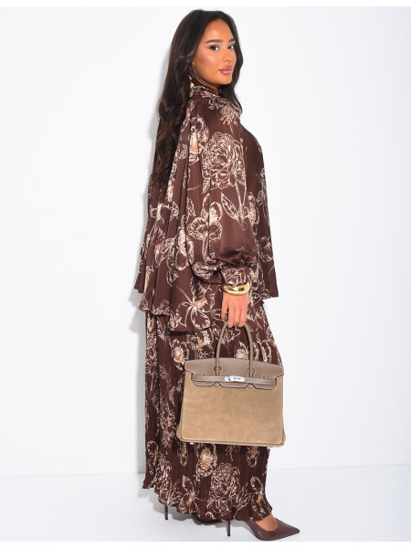 Set aus bedrucktem Satin mit Bindhemd und passender Hose