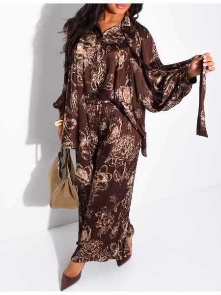 Set aus bedrucktem Satin mit Bindhemd und passender Hose