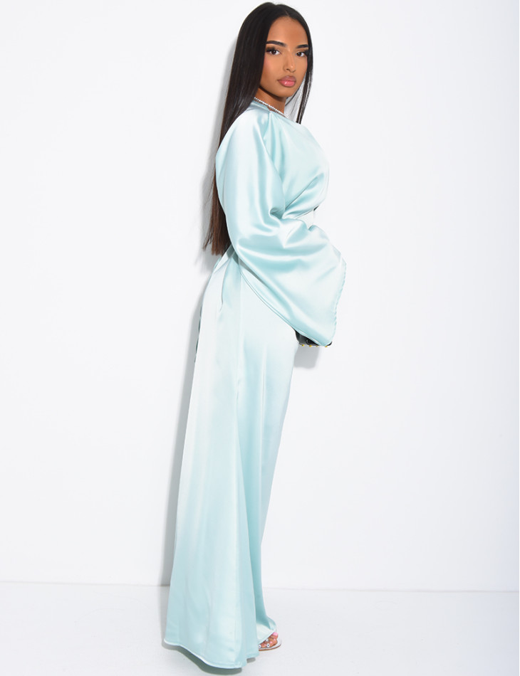 Long draped satin dress with tie at the back