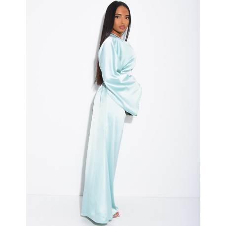 Long draped satin dress with tie at the back