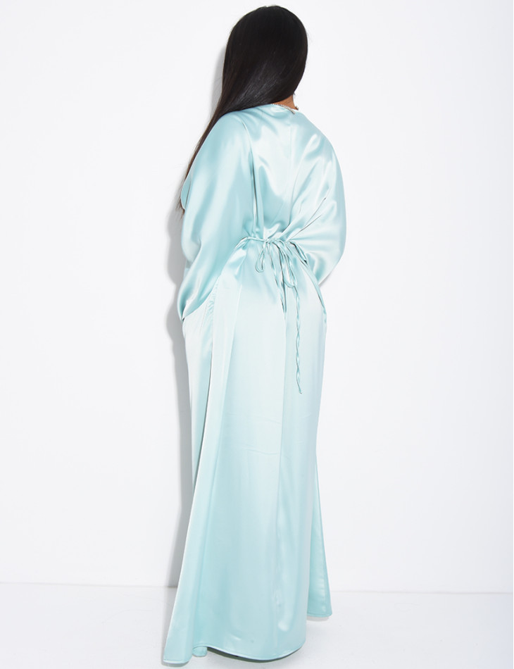 Long draped satin dress with tie at the back