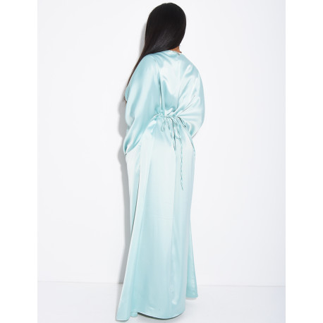 Long draped satin dress with tie at the back